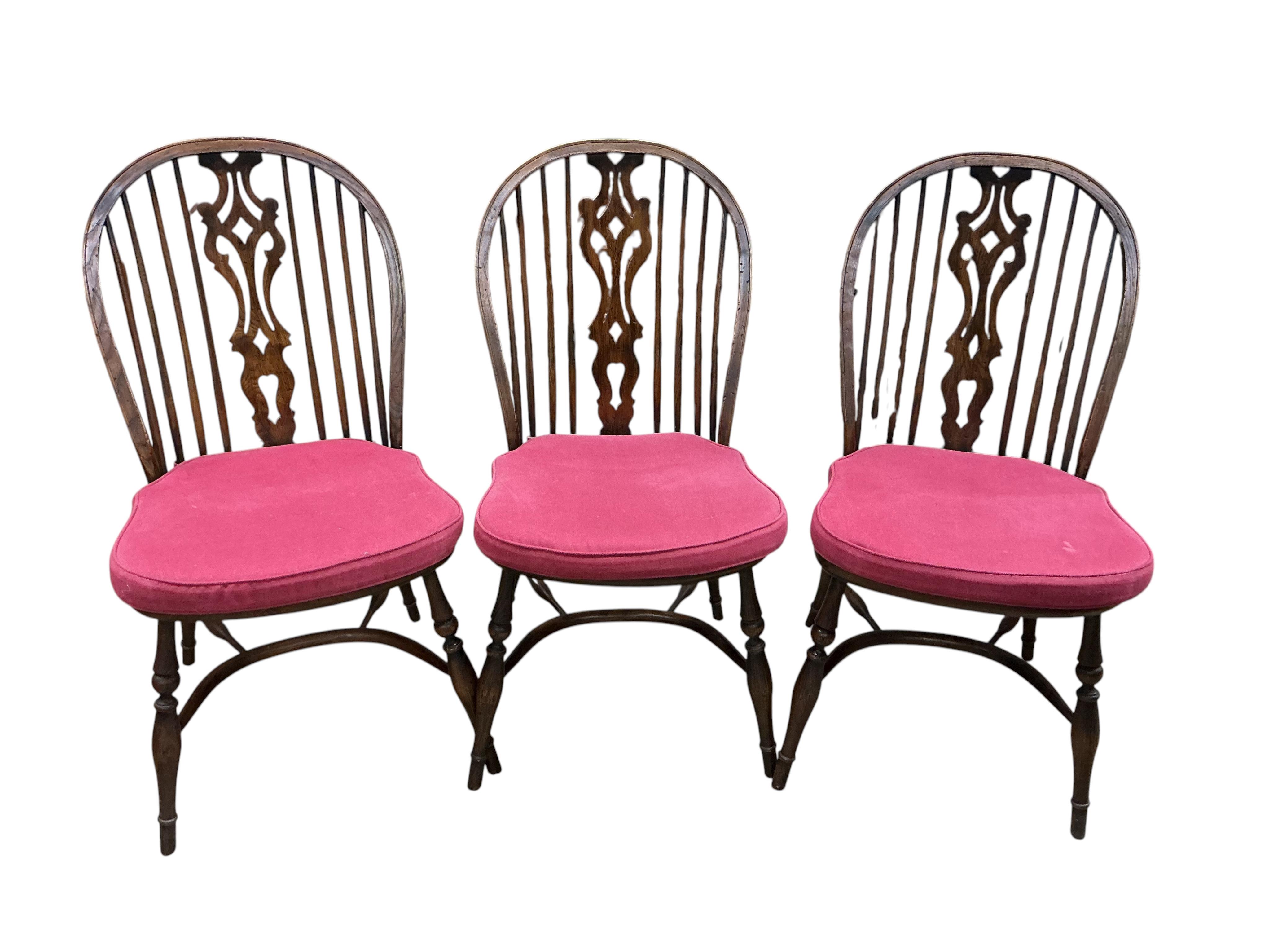 A set of six reproduction ash and elm Windsor dining chairs with crinoline stretchers, width 48cm, depth 46cm, height 99cm